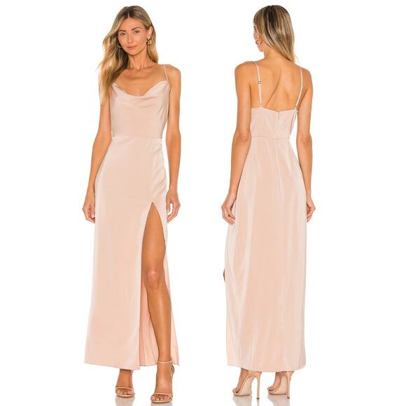NBD Lila Gown Maxi Satin Cowl Neck Adjustable Strap Side Slit Champagne Size XS - Picture 1 of 11